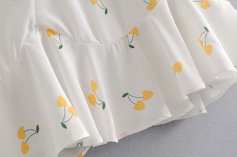 Elegant vintage summer white yellow cherry strap puff sleeve high waist lining silk-like beach mini dress The Clothing Company Sydney