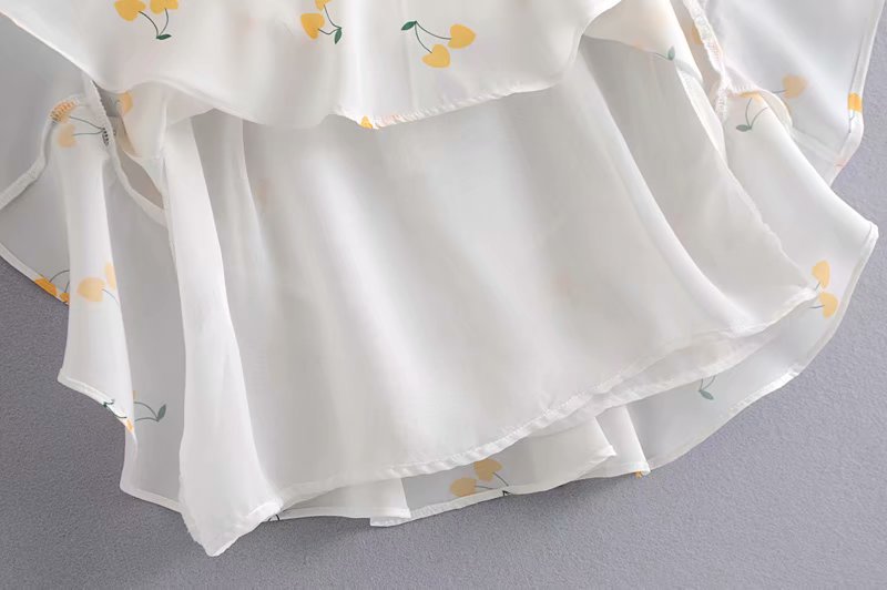 Elegant vintage summer white yellow cherry strap puff sleeve high waist lining silk-like beach mini dress The Clothing Company Sydney