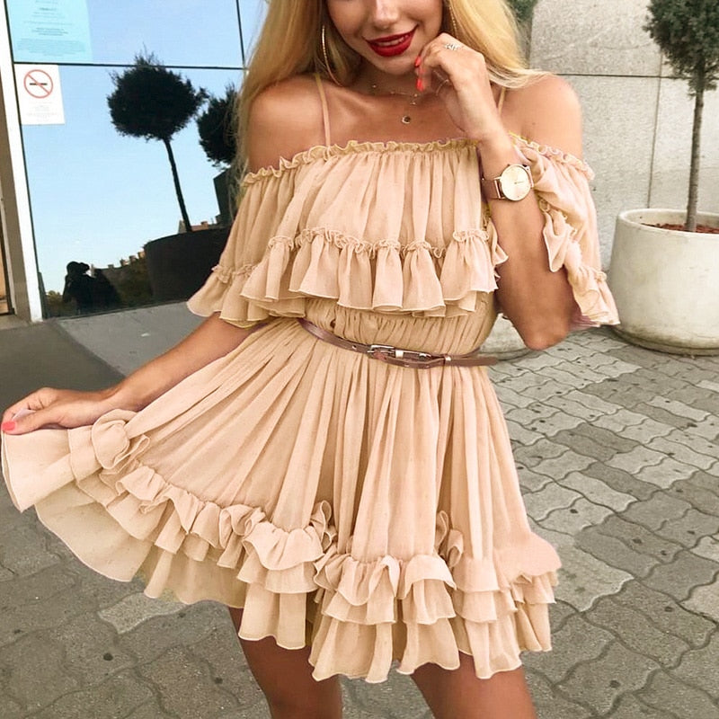 Elegant ruffle off shoulder Spaghetti strap chiffon summer dress The Clothing Company Sydney