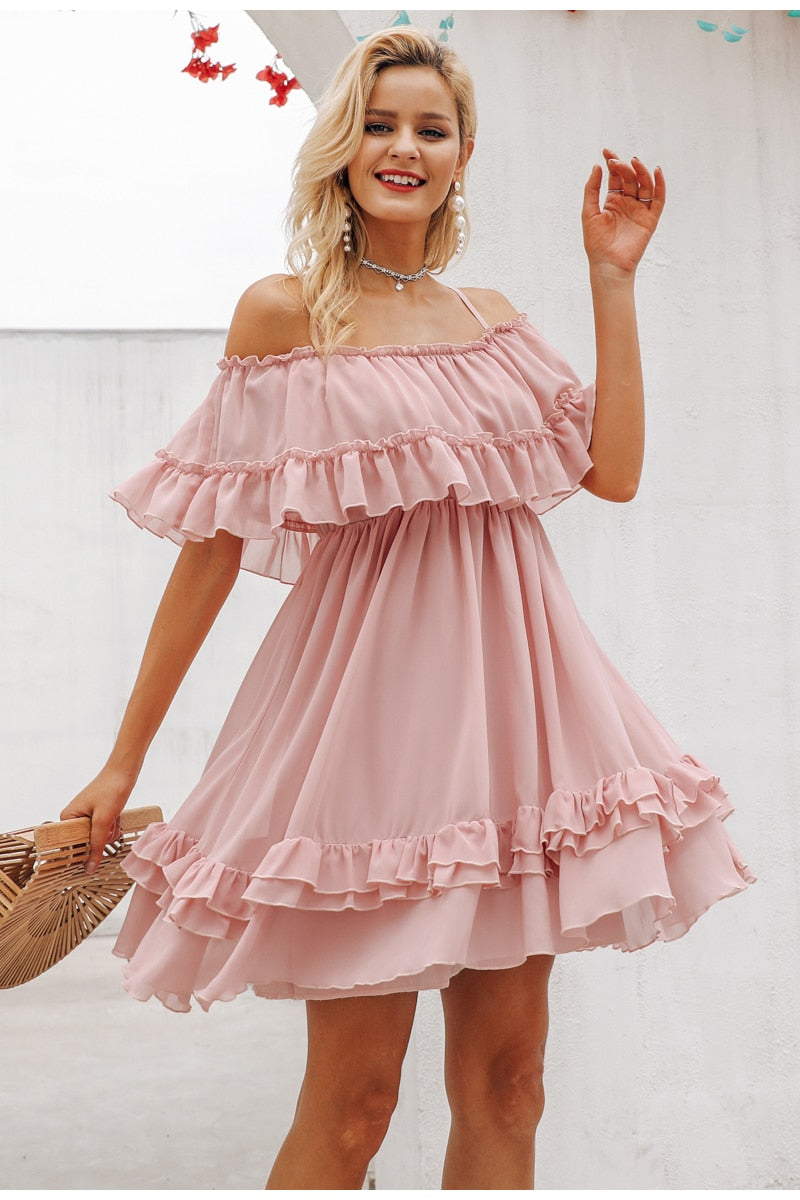 Elegant ruffle off shoulder Spaghetti strap chiffon summer dress The Clothing Company Sydney