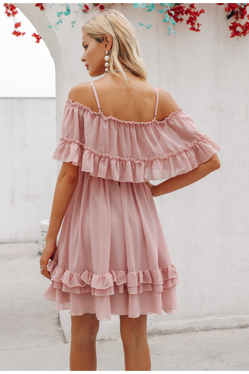 Elegant ruffle off shoulder Spaghetti strap chiffon summer dress The Clothing Company Sydney