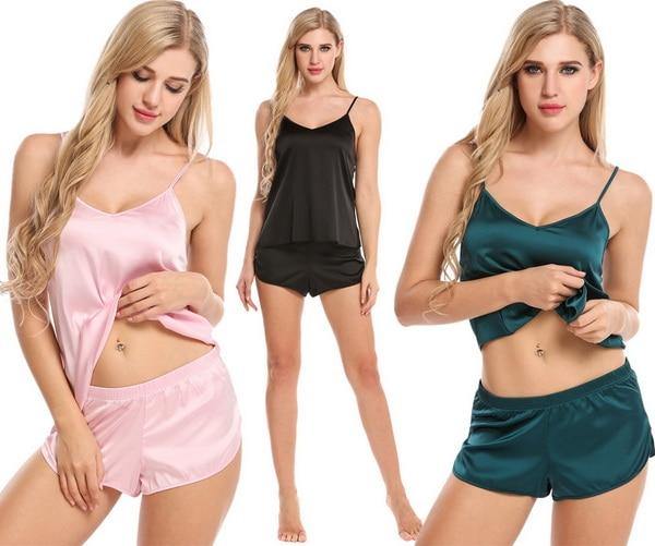 Summer Sleepwear Pyjamas Set Solid Adjustable Strap Cami Top Shorts Satin Loose Female Nightwear The Clothing Company Sydney
