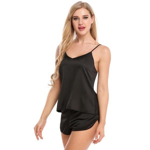 Summer Sleepwear Pyjamas Set Solid Adjustable Strap Cami Top Shorts Satin Loose Female Nightwear The Clothing Company Sydney