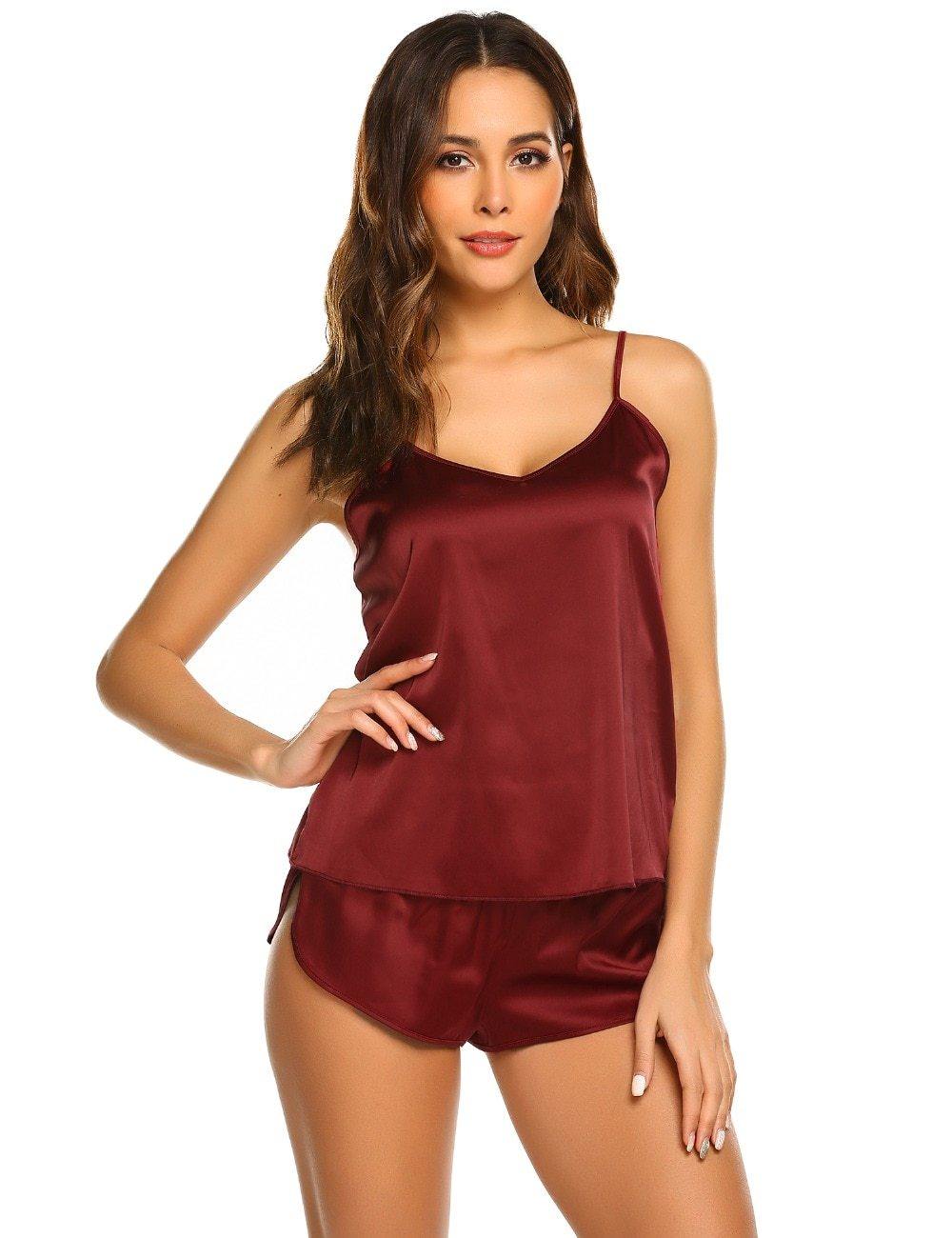 Summer Sleepwear Pyjamas Set Solid Adjustable Strap Cami Top Shorts Satin Loose Female Nightwear The Clothing Company Sydney
