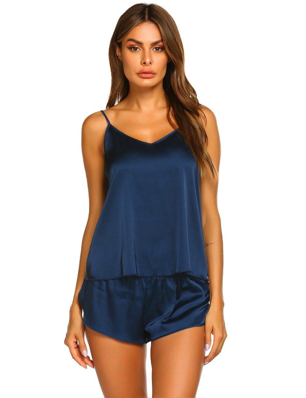 Summer Sleepwear Pyjamas Set Solid Adjustable Strap Cami Top Shorts Satin Loose Female Nightwear The Clothing Company Sydney