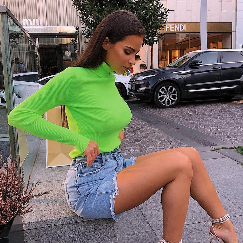 Autumn Winter turtleneck long sleeve neon green t-shirts knitted neon top tee shirt basic Top The Clothing Company Sydney