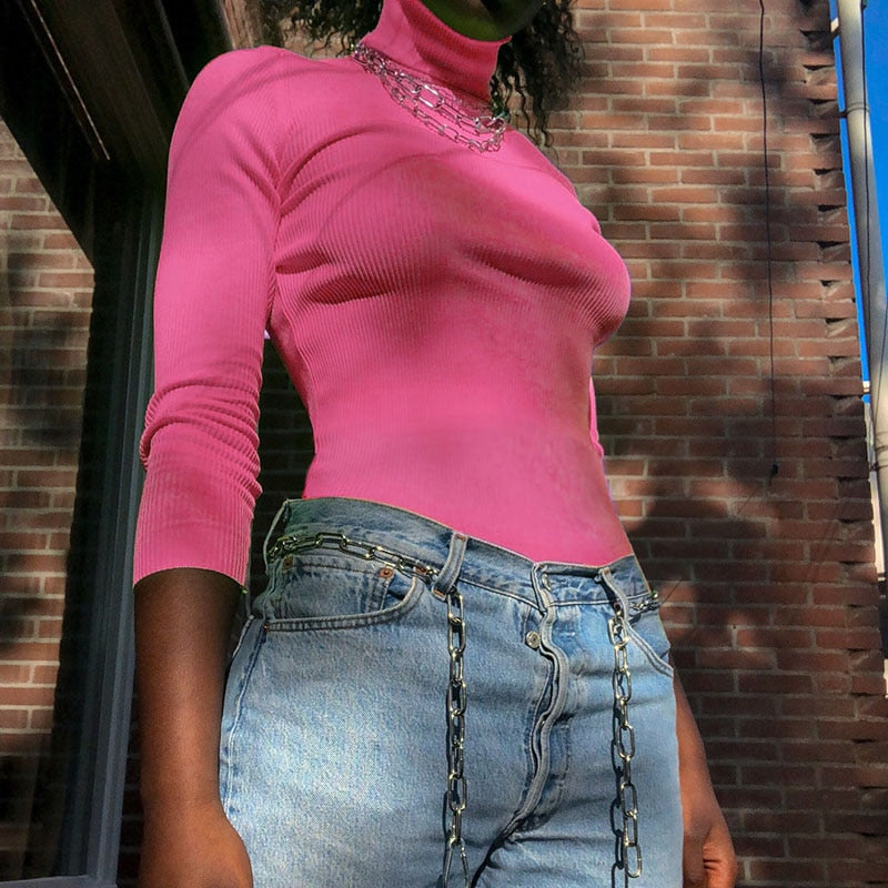 Autumn Winter turtleneck long sleeve neon green t-shirts knitted neon top tee shirt basic Top The Clothing Company Sydney