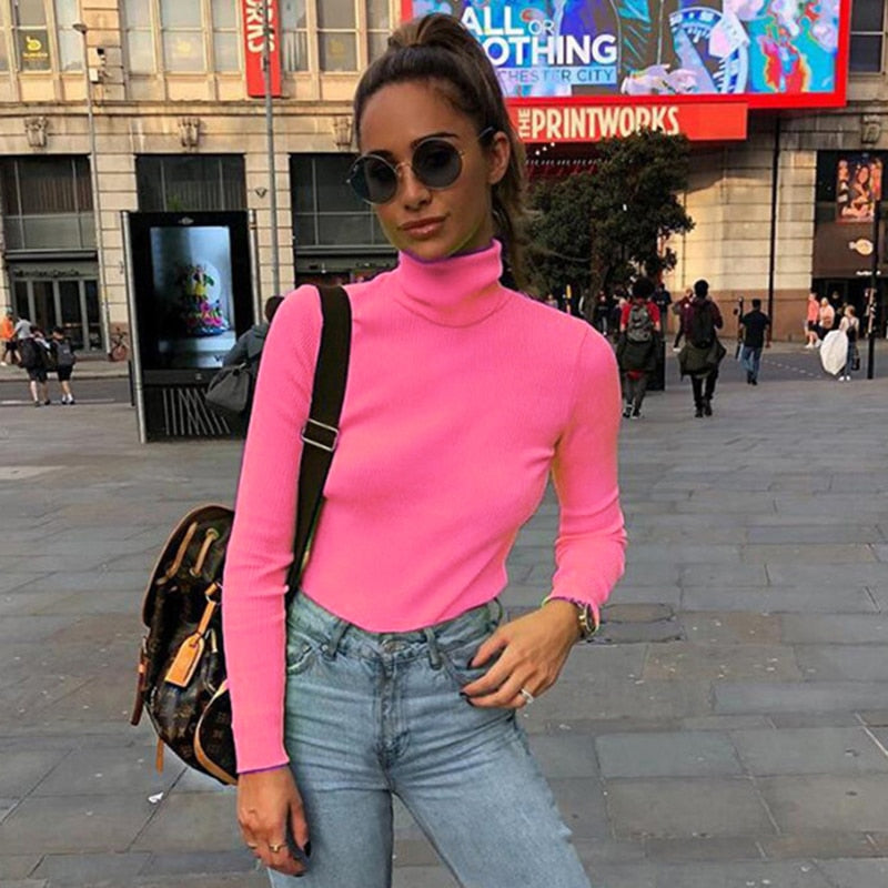 Autumn Winter turtleneck long sleeve neon green t-shirts knitted neon top tee shirt basic Top The Clothing Company Sydney