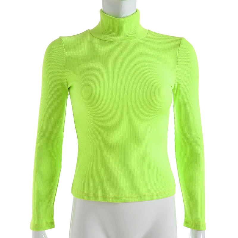Autumn Winter turtleneck long sleeve neon green t-shirts knitted neon top tee shirt basic Top The Clothing Company Sydney