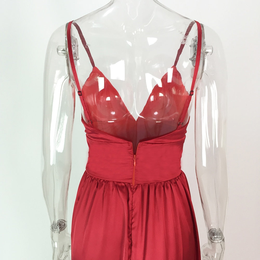 Sexy High Split Long Party V Neck Strappy Padded Red Navy Green Satin Summer Backless Hollow Out Dress The Clothing Company Sydney