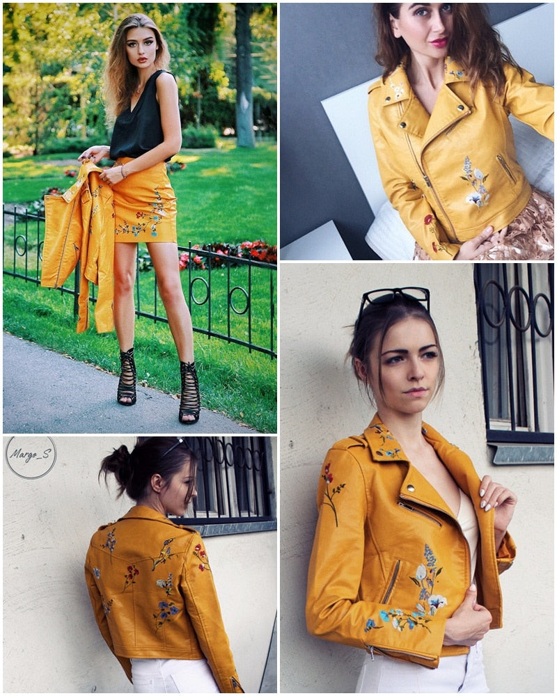 Embroidery faux leather coat Motorcycle zipper wine red leather jacket women Fashion cool outerwear winter jacket The Clothing Company Sydney