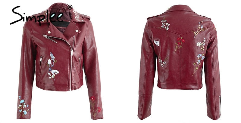 Embroidery faux leather coat Motorcycle zipper wine red leather jacket women Fashion cool outerwear winter jacket The Clothing Company Sydney