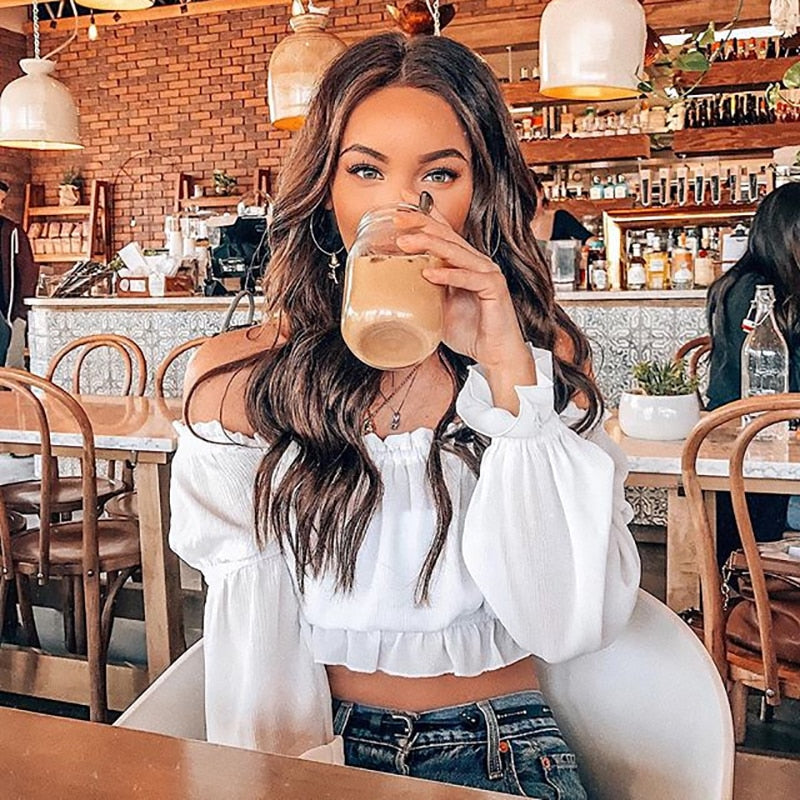 Fashion white chiffon blouse shirt off shoulder sexy crop tops ruffles pull sleeve top The Clothing Company Sydney