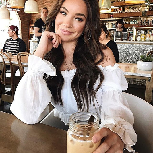 Fashion white chiffon blouse shirt off shoulder sexy crop tops ruffles pull sleeve top The Clothing Company Sydney