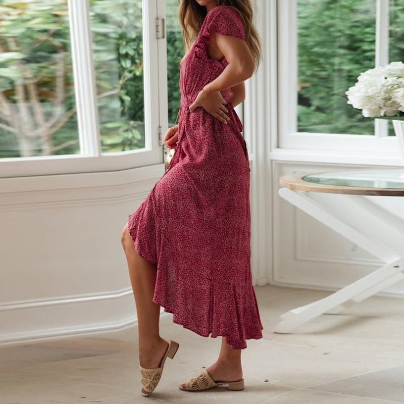 Boho Floral Print Beach Summer Long Sexy High Slit V-Neck Wrap Bodycon Party Maxi Ruffle Robe Split Dress The Clothing Company Sydney