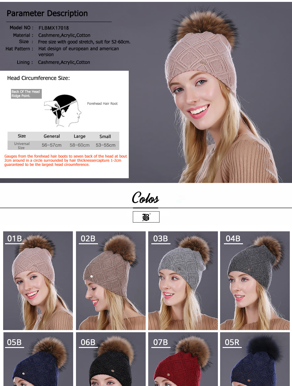 Winter fur Beanie cap women's cashmere wool cotton Big Real Raccoon fur pom poms fur winter hat The Clothing Company Sydney