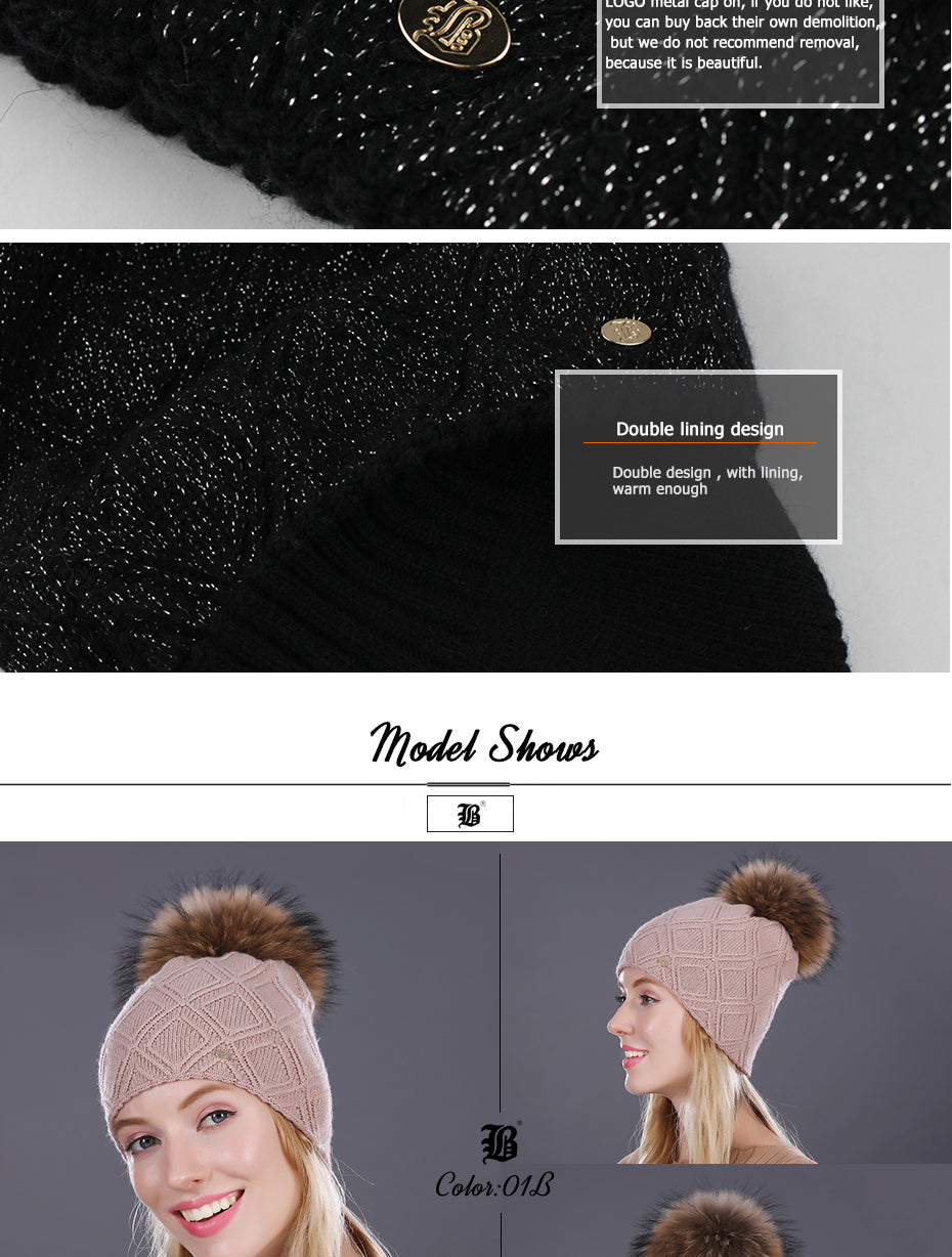 Winter fur Beanie cap women's cashmere wool cotton Big Real Raccoon fur pom poms fur winter hat The Clothing Company Sydney