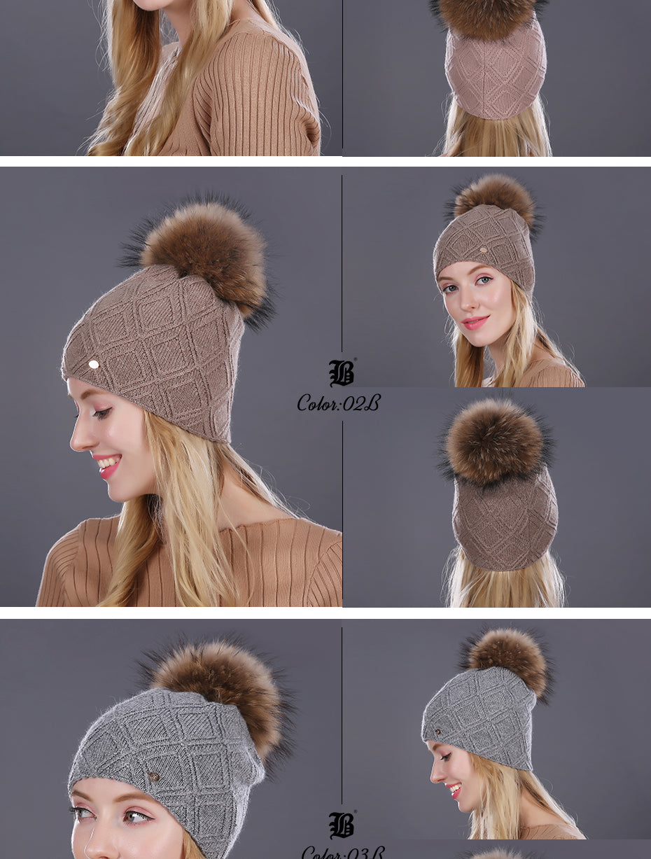 Winter fur Beanie cap women's cashmere wool cotton Big Real Raccoon fur pom poms fur winter hat The Clothing Company Sydney