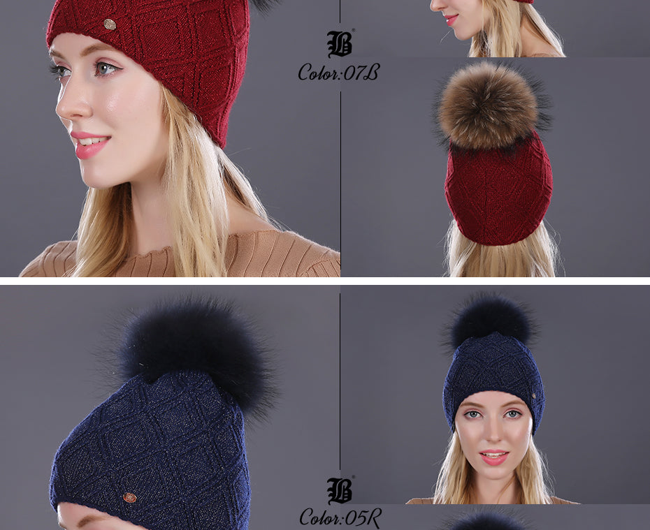 Winter fur Beanie cap women's cashmere wool cotton Big Real Raccoon fur pom poms fur winter hat The Clothing Company Sydney