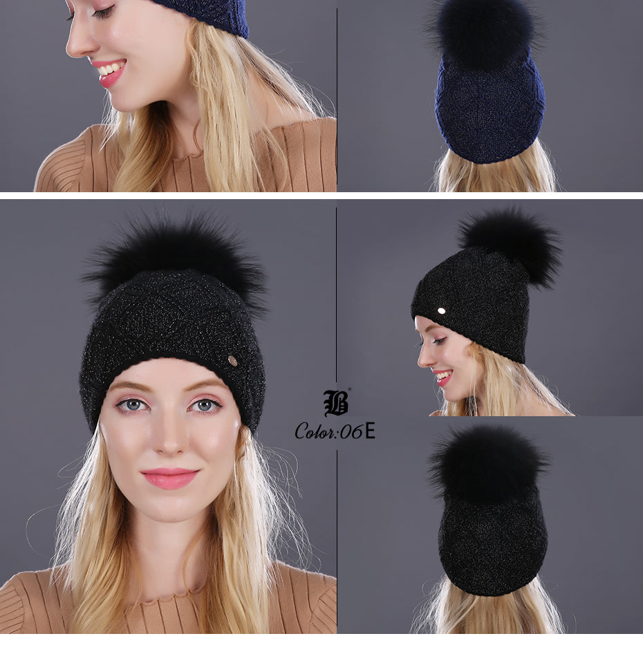 Winter fur Beanie cap women's cashmere wool cotton Big Real Raccoon fur pom poms fur winter hat The Clothing Company Sydney