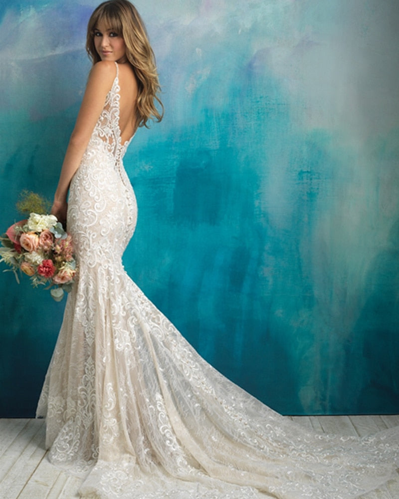 Spaghetti Strap V-neck Backless Beading Appliques Lace Mermaid Wedding Dress The Clothing Company Sydney
