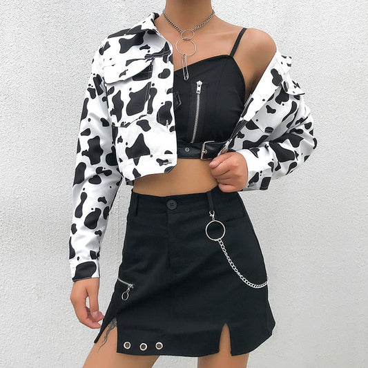 Streetwear Cow Print Cropped Casual Buttons Coat Women Cardigan Spring Autumn Basic Jacket The Clothing Company Sydney