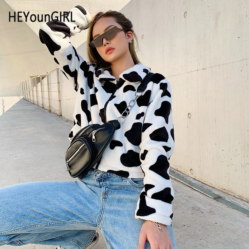 Cow Print Faux Fur Coat Women Animal Printed Casual Furry Crop Teddy Zipper Overcoat Jacket The Clothing Company Sydney