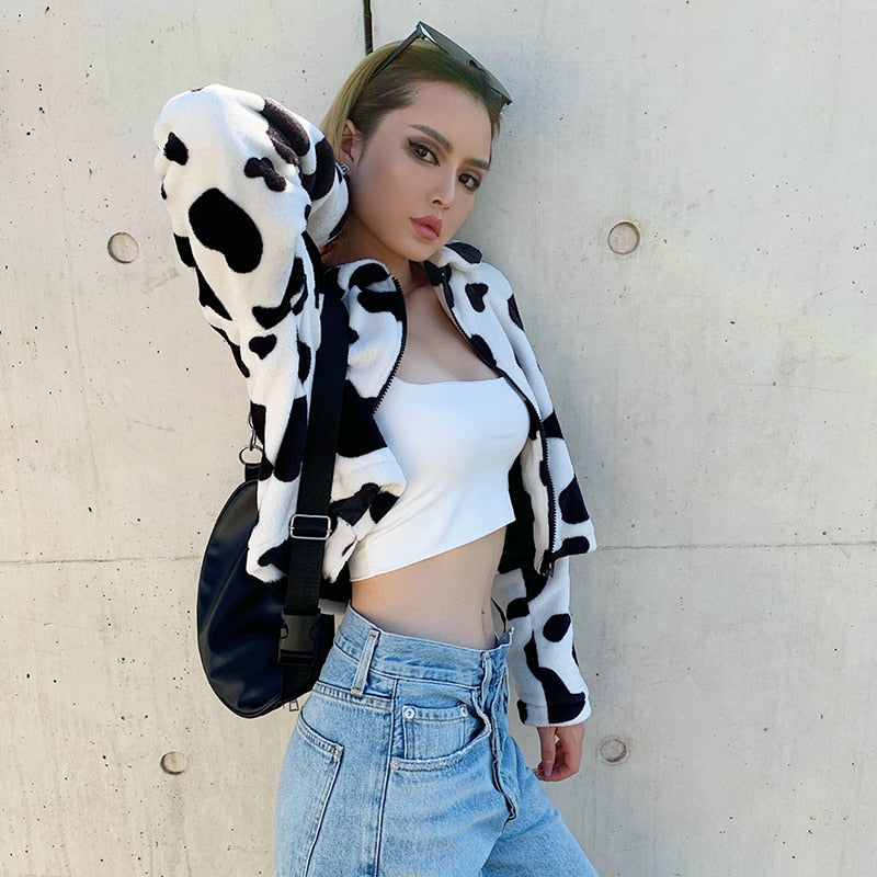 Cow Print Faux Fur Coat Women Animal Printed Casual Furry Crop Teddy Zipper Overcoat Jacket The Clothing Company Sydney