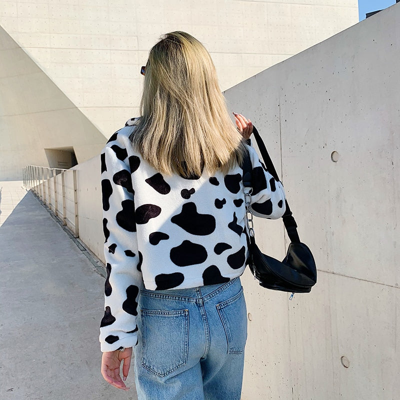 Cow Print Faux Fur Coat Women Animal Printed Casual Furry Crop Teddy Zipper Overcoat Jacket The Clothing Company Sydney