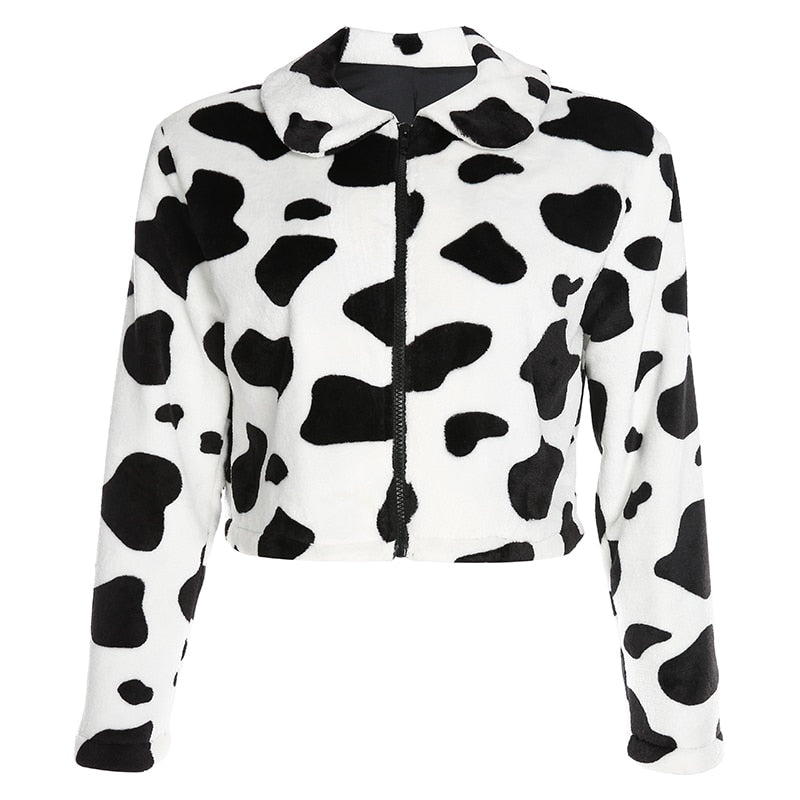 Cow Print Faux Fur Coat Women Animal Printed Casual Furry Crop Teddy Zipper Overcoat Jacket The Clothing Company Sydney