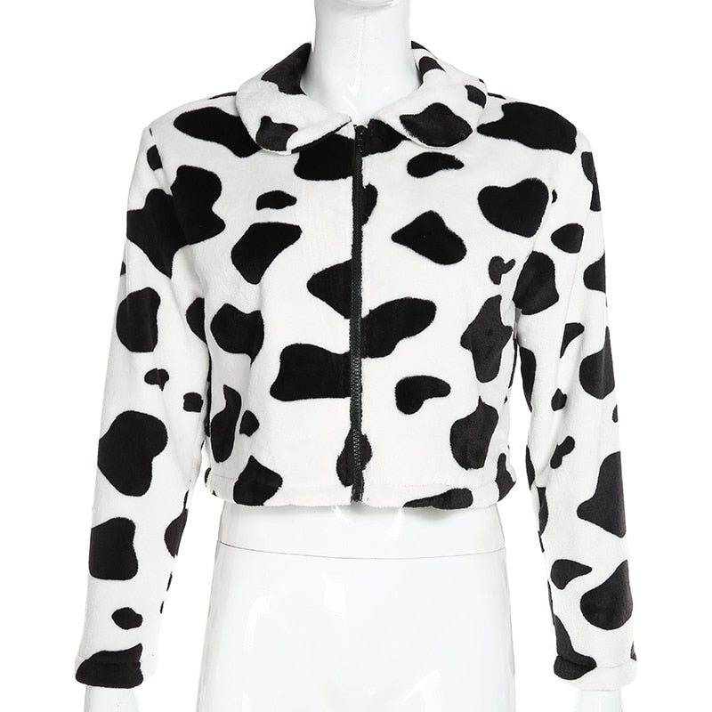 Cow Print Faux Fur Coat Women Animal Printed Casual Furry Crop Teddy Zipper Overcoat Jacket The Clothing Company Sydney