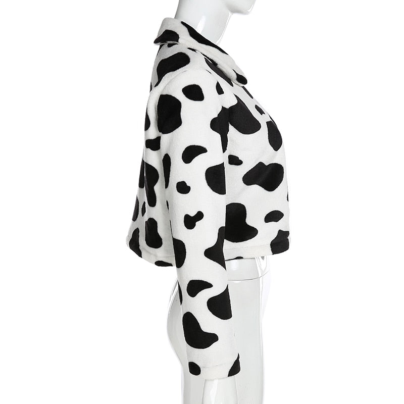 Cow Print Faux Fur Coat Women Animal Printed Casual Furry Crop Teddy Zipper Overcoat Jacket The Clothing Company Sydney