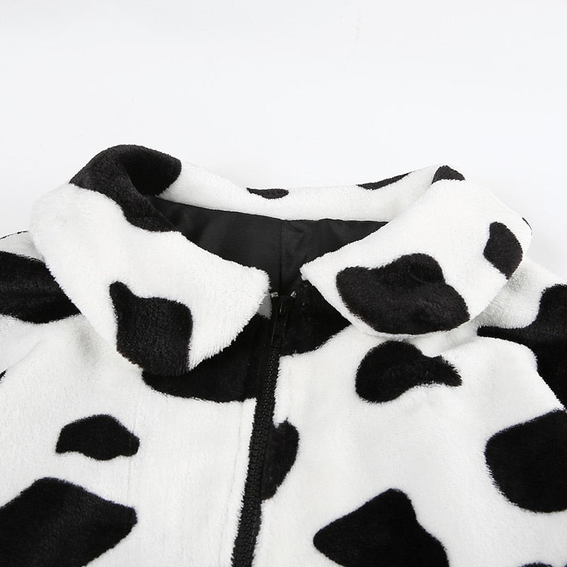 Cow Print Faux Fur Coat Women Animal Printed Casual Furry Crop Teddy Zipper Overcoat Jacket The Clothing Company Sydney