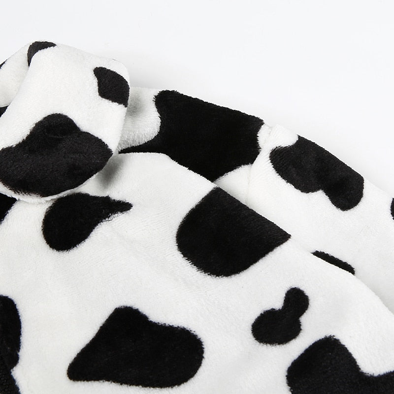 Cow Print Faux Fur Coat Women Animal Printed Casual Furry Crop Teddy Zipper Overcoat Jacket The Clothing Company Sydney