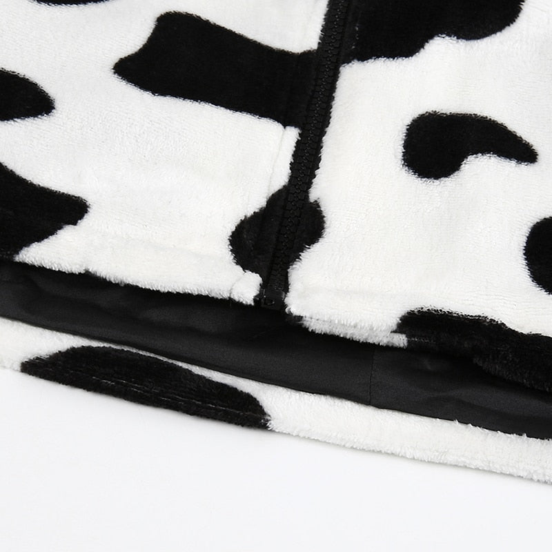 Cow Print Faux Fur Coat Women Animal Printed Casual Furry Crop Teddy Zipper Overcoat Jacket The Clothing Company Sydney