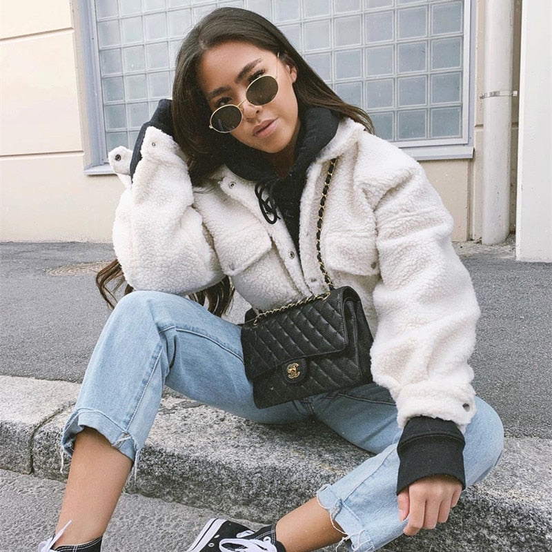 Autumn Winter Coat Women's Fleece Shaggy Warm Cropped Overcoat Single Breasted Outwear Jacket The Clothing Company Sydney