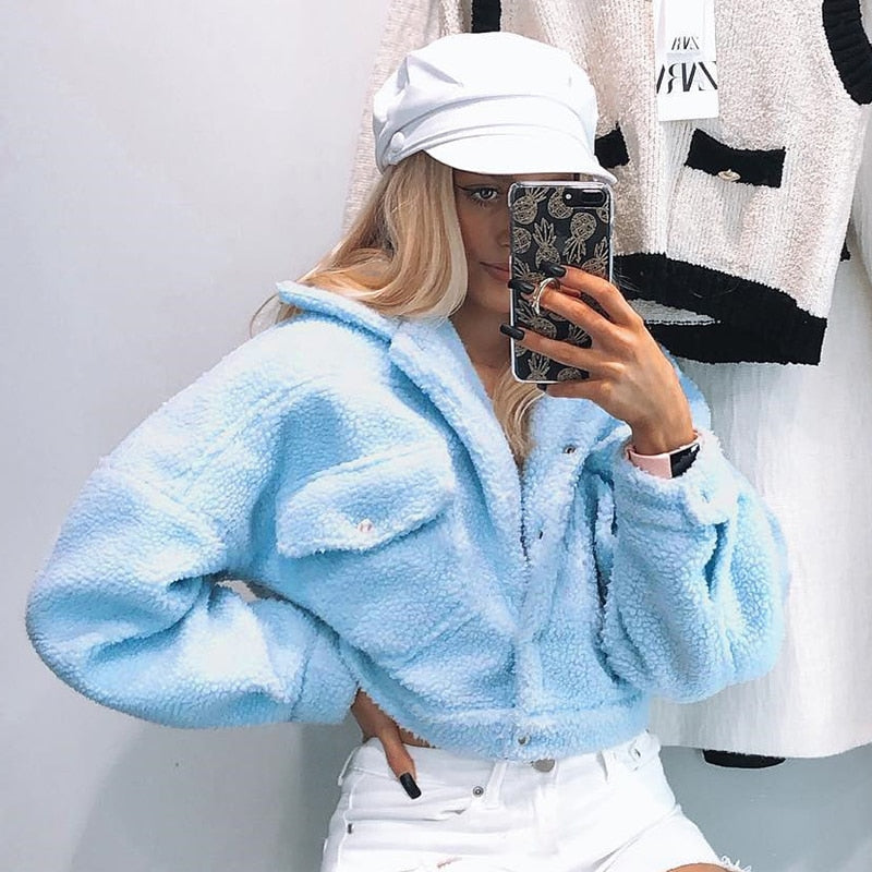 Autumn Winter Coat Women's Fleece Shaggy Warm Cropped Overcoat Single Breasted Outwear Jacket The Clothing Company Sydney