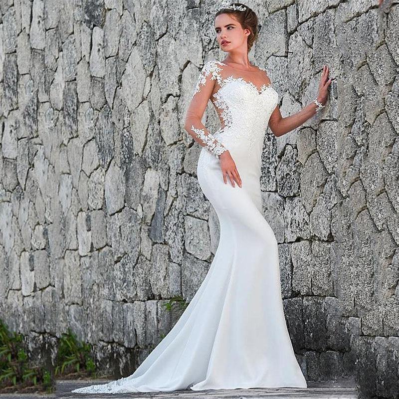 Vintage Mermaid Wedding Dress Scoop-Neck Full Sleeves Wedding Gowns Zipper Back Lace Satin Bride Dress The Clothing Company Sydney