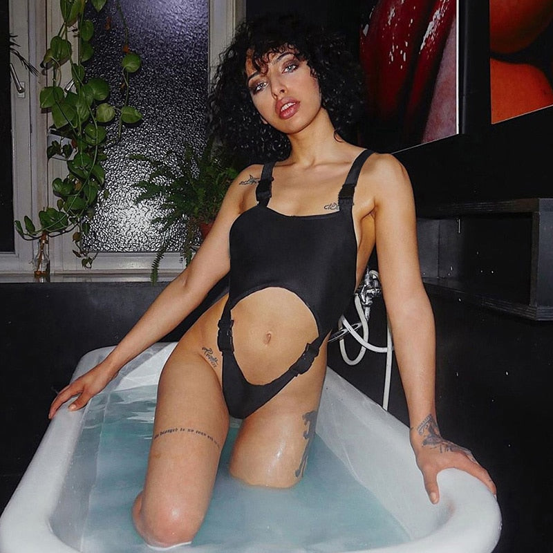 Black Solid Sexy High Street Bodysuit Hollow Out Buckle Sleeveless Backless Ladies Suspenders Bodysuit The Clothing Company Sydney