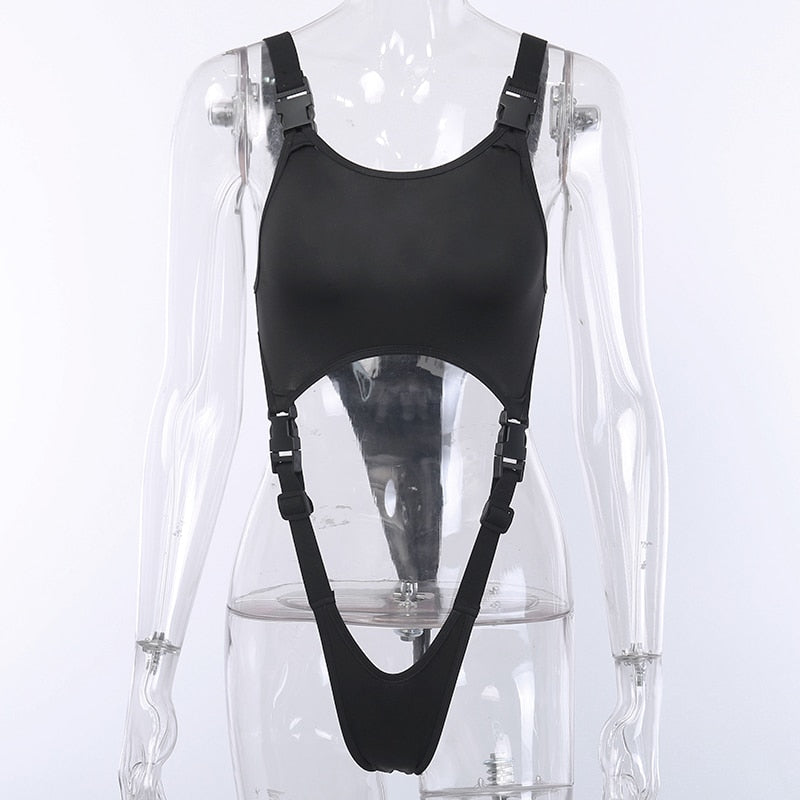 Black Solid Sexy High Street Bodysuit Hollow Out Buckle Sleeveless Backless Ladies Suspenders Bodysuit The Clothing Company Sydney