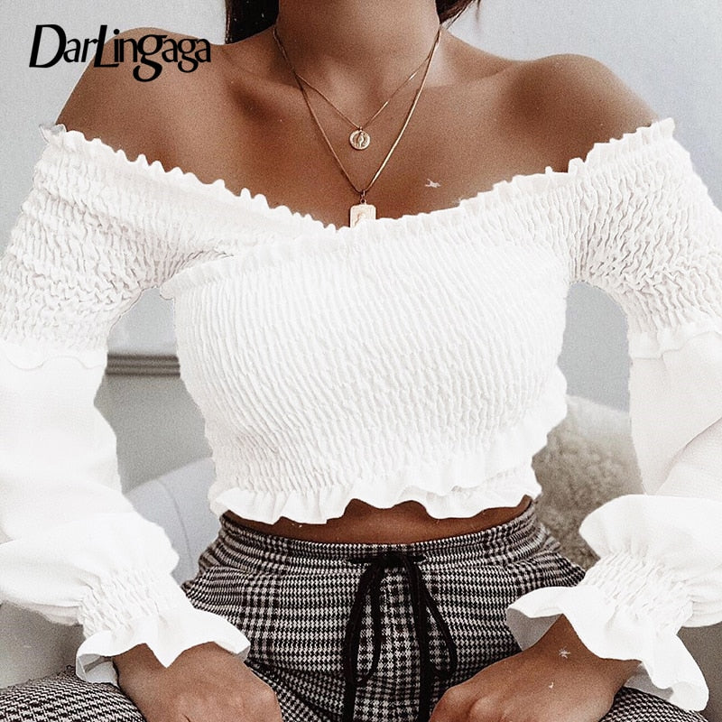 Fashion Chic Smocking White Shirt Women Blouse Long Sleeve Criss-cross Off Shoulder Top Crop The Clothing Company Sydney