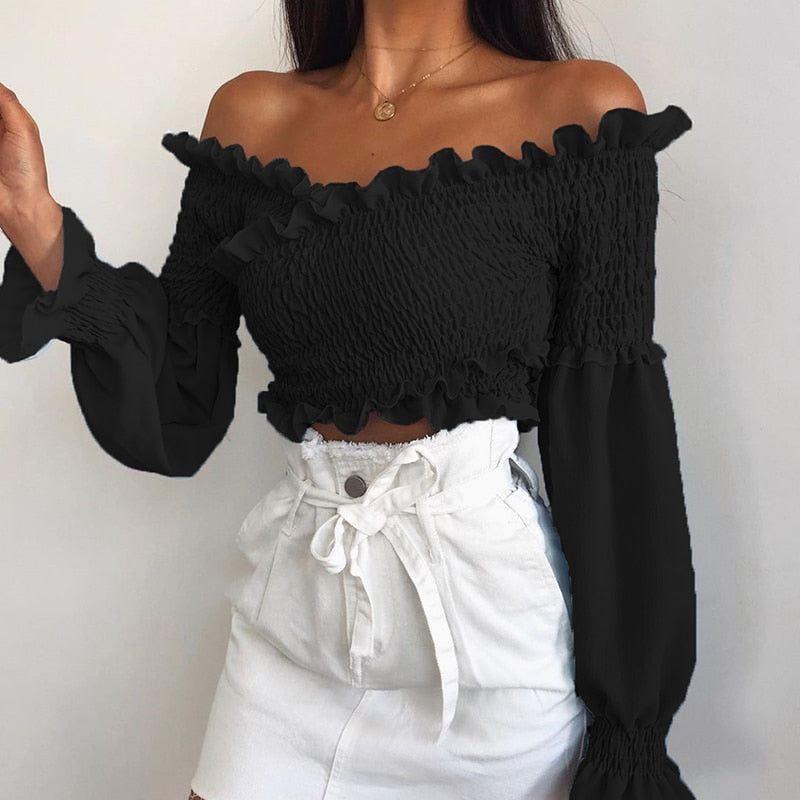 Fashion Chic Smocking White Shirt Women Blouse Long Sleeve Criss-cross Off Shoulder Top Crop The Clothing Company Sydney