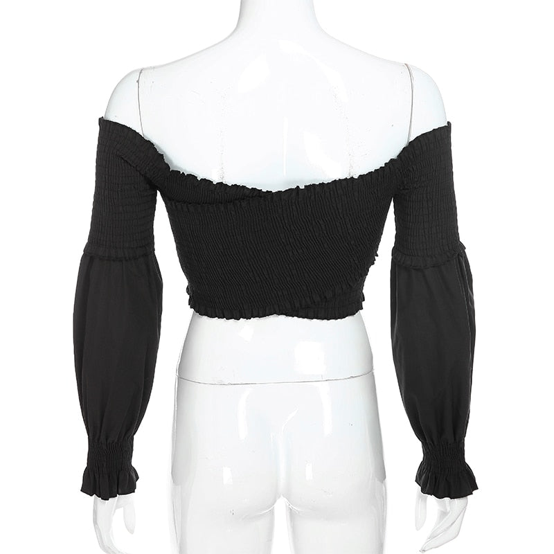 Fashion Chic Smocking White Shirt Women Blouse Long Sleeve Criss-cross Off Shoulder Top Crop The Clothing Company Sydney