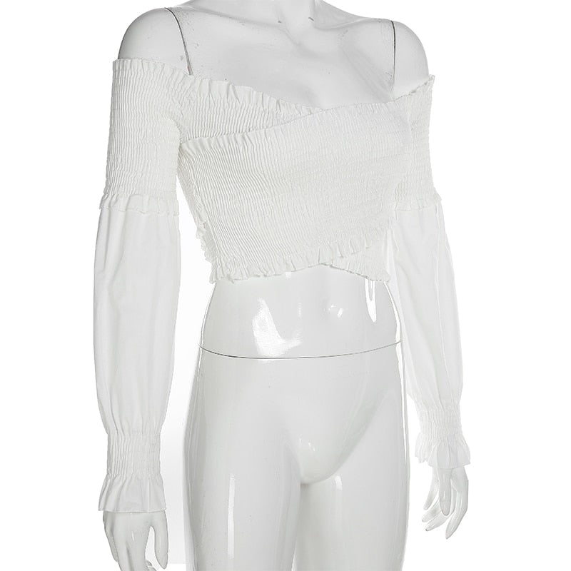 Fashion Chic Smocking White Shirt Women Blouse Long Sleeve Criss-cross Off Shoulder Top Crop The Clothing Company Sydney