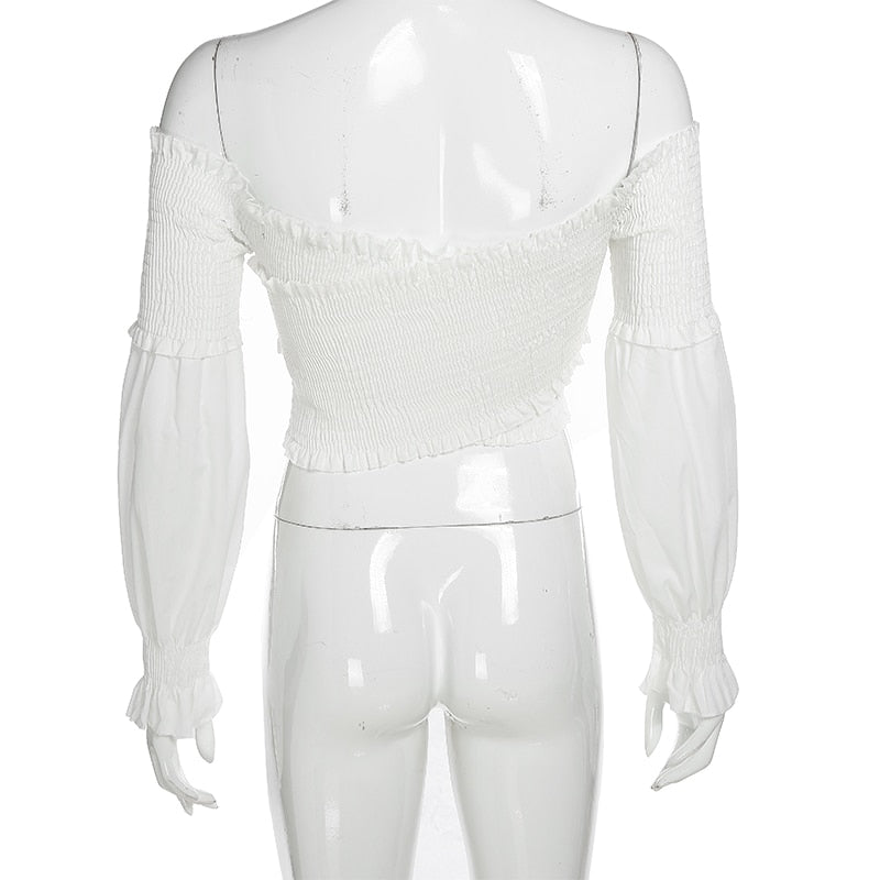 Fashion Chic Smocking White Shirt Women Blouse Long Sleeve Criss-cross Off Shoulder Top Crop The Clothing Company Sydney