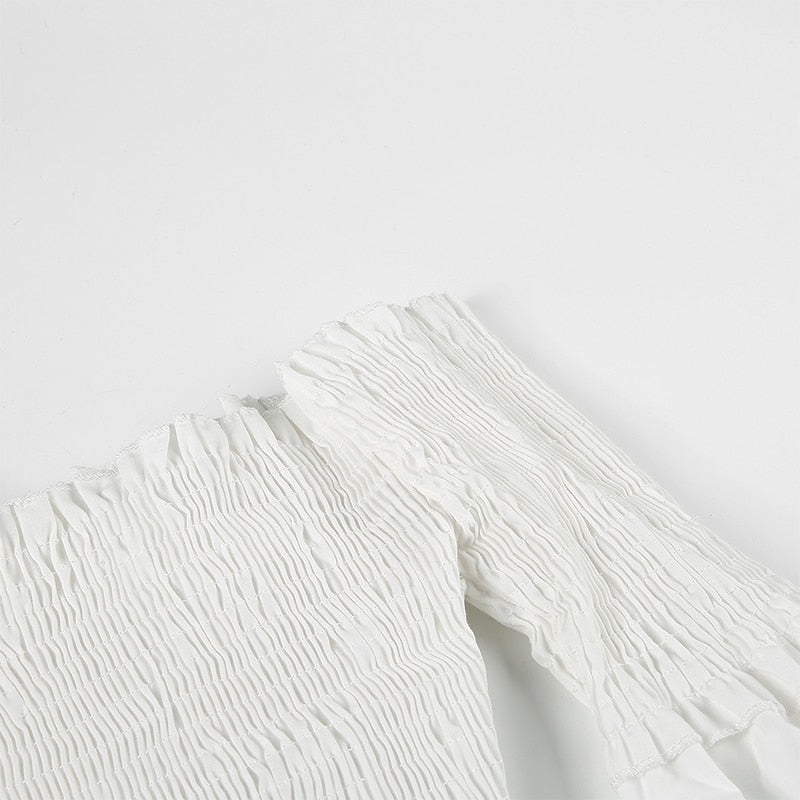 Fashion Chic Smocking White Shirt Women Blouse Long Sleeve Criss-cross Off Shoulder Top Crop The Clothing Company Sydney
