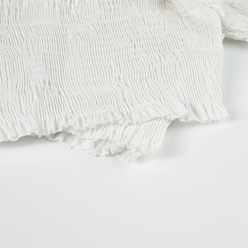 Fashion Chic Smocking White Shirt Women Blouse Long Sleeve Criss-cross Off Shoulder Top Crop The Clothing Company Sydney