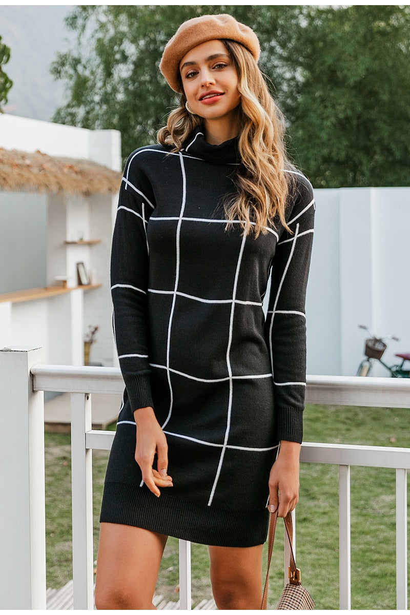 Elegant knitted Long sleeve turtleneck plaid Winter straight chic pullover sweater dress The Clothing Company Sydney