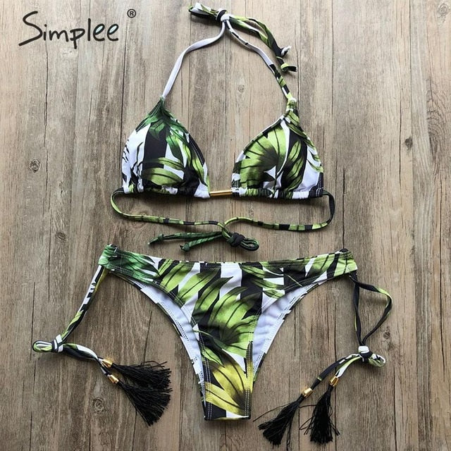 Floral print tassel swimwear Bandage swimsuit push up two pieces suit triangle bikini set bathing suit beach wear The Clothing Company Sydney