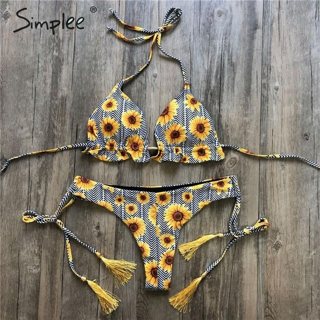 Floral print tassel swimwear Bandage swimsuit push up two pieces suit triangle bikini set bathing suit beach wear The Clothing Company Sydney